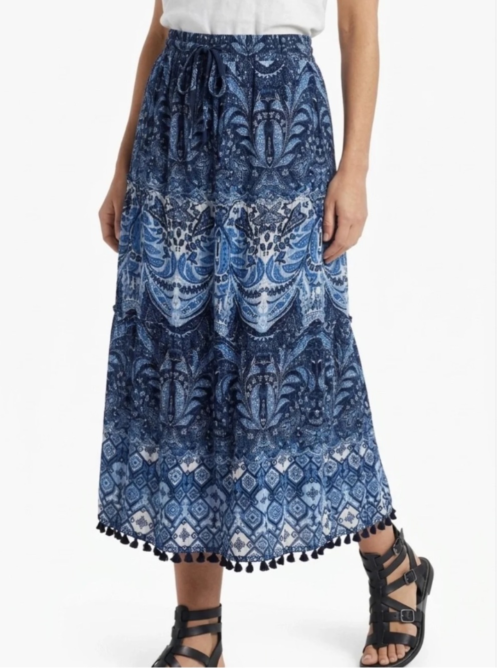 J Jill Blue Maxi Skirt Plus 2X Boho Pom trim Pull-on Smocked Waist Coastal